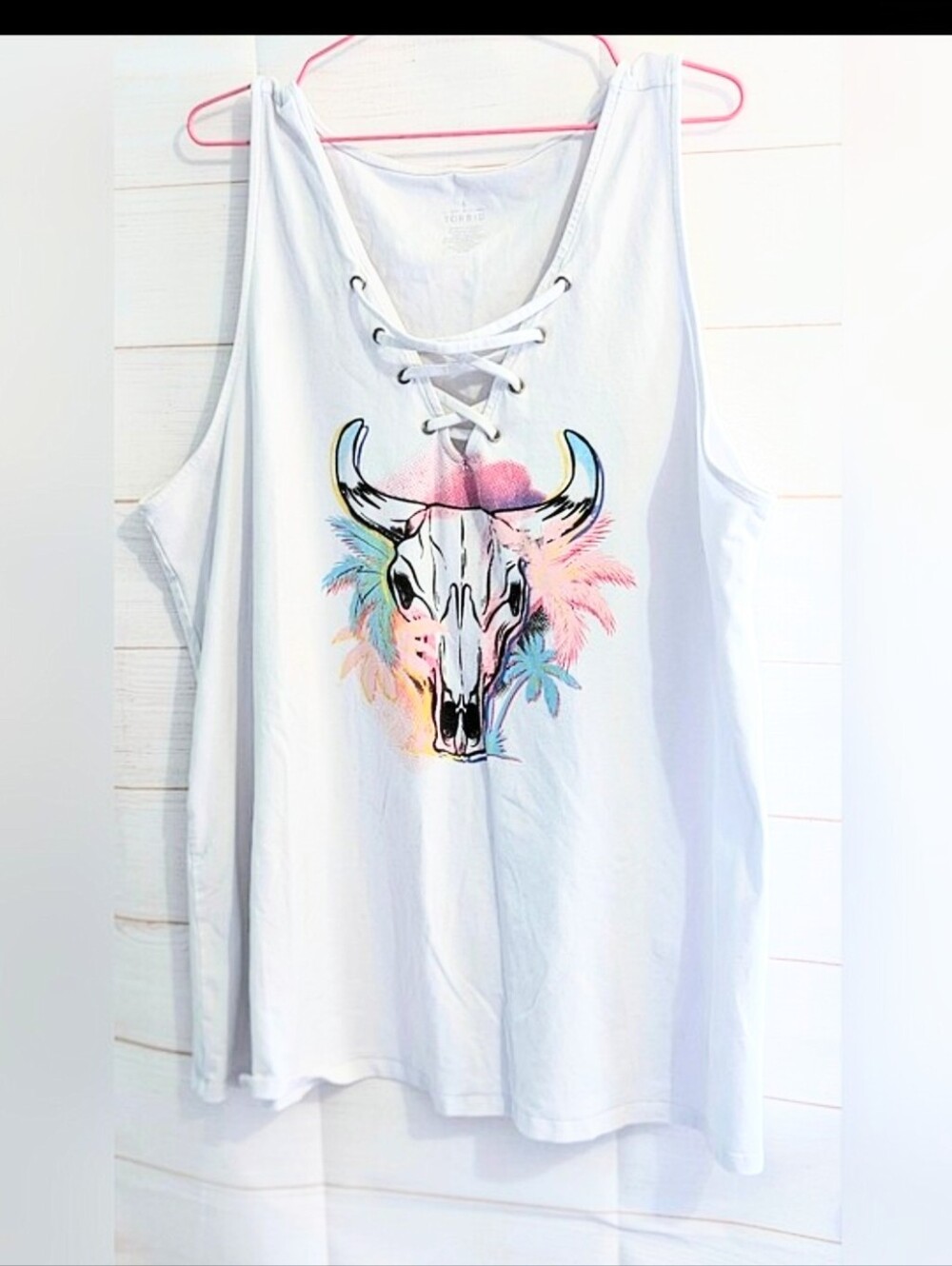 Torrid Lace-Up White Graphic Tank Top with Pastel Skull Print Size 5XL